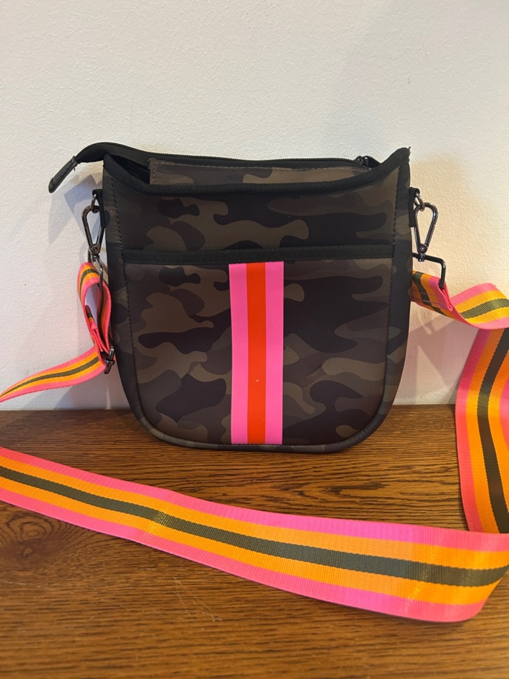 HAUTE SHORE Camo Crossbody with Pink & Orange Center Stripe